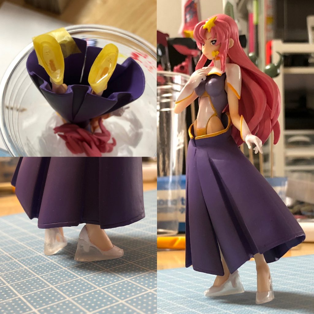 ミーアフィギュアが自立してくれないので、足裏にクリアレジンを盛って安定させる。この体勢だとどうしてもスカートの中が見えちゃうけどパンツじゃないからセーフ！！