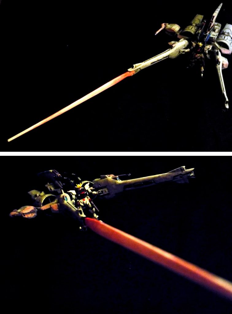 戦艦をぶった斬るビームソードも付属しているので
グラデーション塗装しました。
ただ画角が厳しい事と、取り外しの際に塗料が剥がれたので
2本装着させるのは諦めました。
ネオジム磁石を組み込むとか…容易に装着出来る改造を行えば良かったです。