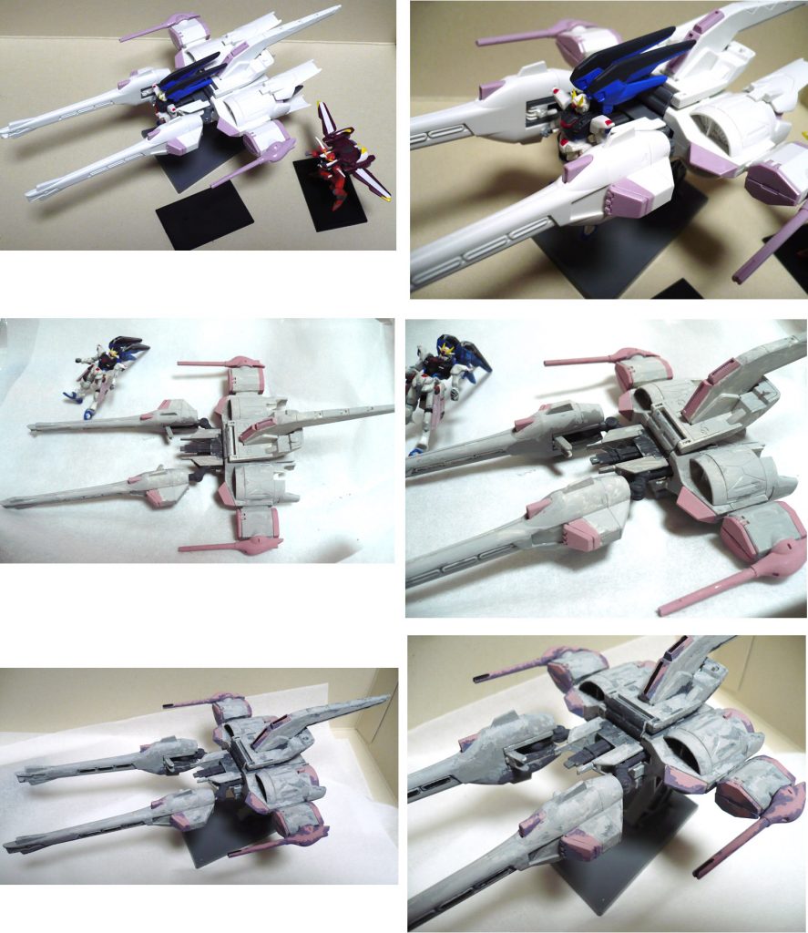 画像が少ないのですが塗装の段階です。アクリルガッシュでの筆塗りです。
上段・素組み状態です(合わせ目消し、ゲート処理)
中段・全体に一段階暗い色で筆塗り全塗装した状態です。
   グレー部分は様子見の更に暗い影色を加えています。
下段・5~6割塗装が進んだ状態です。
   ピンク色の部分はパッケージの作例だと紫っぽく
   アニメを見直したらやっぱりピンク色だったりと
   設定色が判らず悩んで影の色を塗っていた状態ですね。
SEEDコンに合わせて同時に4体のキットを製作・塗装しましたが
このミーティアが最後になります。
最後までご覧いただきありがとうございました。