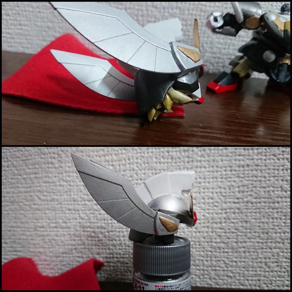 頭部の側面
ソーといえば金髪なので可動に障らない程度に造形。
兜の両側面に着いてる羽はバーサルナイトのバックパックから。基部の金色部分にはルーン文字でソーンを彫ってあります。