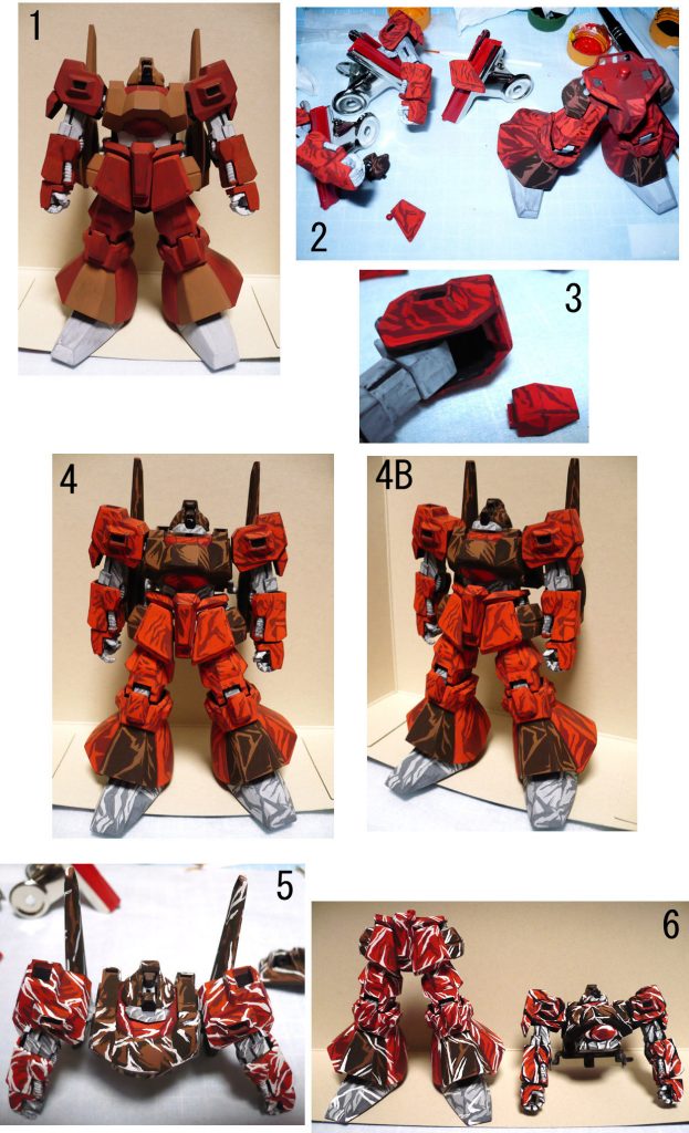 塗装の様子です。

１・素組みの画像がありませんがゲート処理、合わせ目消しを行って
　　クレオスの缶スプレーサーフェイサー（マホガニー）で下地塗装しました。
　　そしてベースの色を塗りました。
２・各部に８０年アニメ風な、所謂ワカメ影を加えたのですが
　　よく判っていなかったのでベースカラーを
　　ワカメ影形状にしてしまいました…
３・左肩の可動部分が塗料で固まってしまい
　　無理矢理動かしたら…折れました！！！
　　まぁ、特に動きに関係無いと思ったので瞬間接着剤で固定しました。
４・２段階色が乗った状態ですがワカメ影形状にしてしまったので
　　迷彩カラーっぽい見た目になってしまいました。４Ｂは別角度画像です。
５・僕の中では８０年アニメはテカテカに光っているイメージだったので
　　白でハイライトを入れた結果…コチラもやりすぎてしまい
　　こういう赤ベースのカモフラ迷彩カラーっぽくなってしまいました…
６・上半身に合わせて下半身も白ハイライトを入れたのですが…
　　イメージしていたモノとは随分と異なる仕上がりになってしまったので
　　最後に黒の影色を加えて、白ハイライト部分も黒で塗りつぶし
　　ようやく完成となりました。

結論・シッカリ資料を集めてから塗らないとダメですね…
完成させて暫く後にＺＺガンダムを見直しましたが
表現が全然違っておりました。
この失敗を反省として「[ＳＤフェネクス](https://gumpla.jp/sd/106335)」を塗りました。

８０年代アニメ塗りっぽくご覧いただけたのであれば幸いです。

最後までご覧いただきありがとうございました。