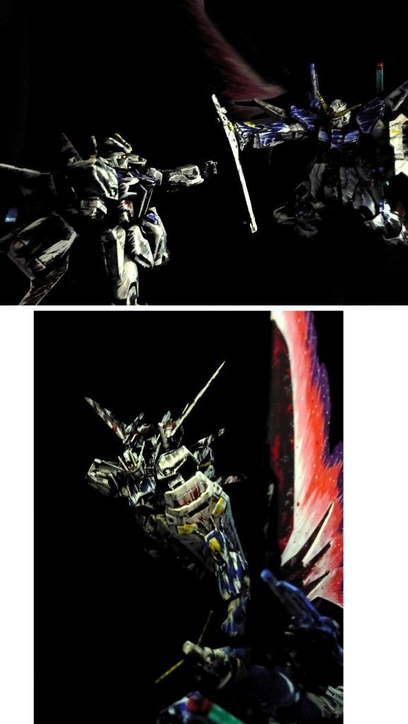 ふと、前に製作したデスティニーと一緒に撮影したくなりました。
そういえば今回は塗装途中の画像がありませんが
ストライク下地を塗るときは共通の色が多い
コチラのデスティニーと同時に塗り進めました。
結果的に似たような塗り方になりましたが…
やりたいと思った事をSEEDコンに合わせて製作できて良かったです。
最後までご覧いただきありがとうございました。