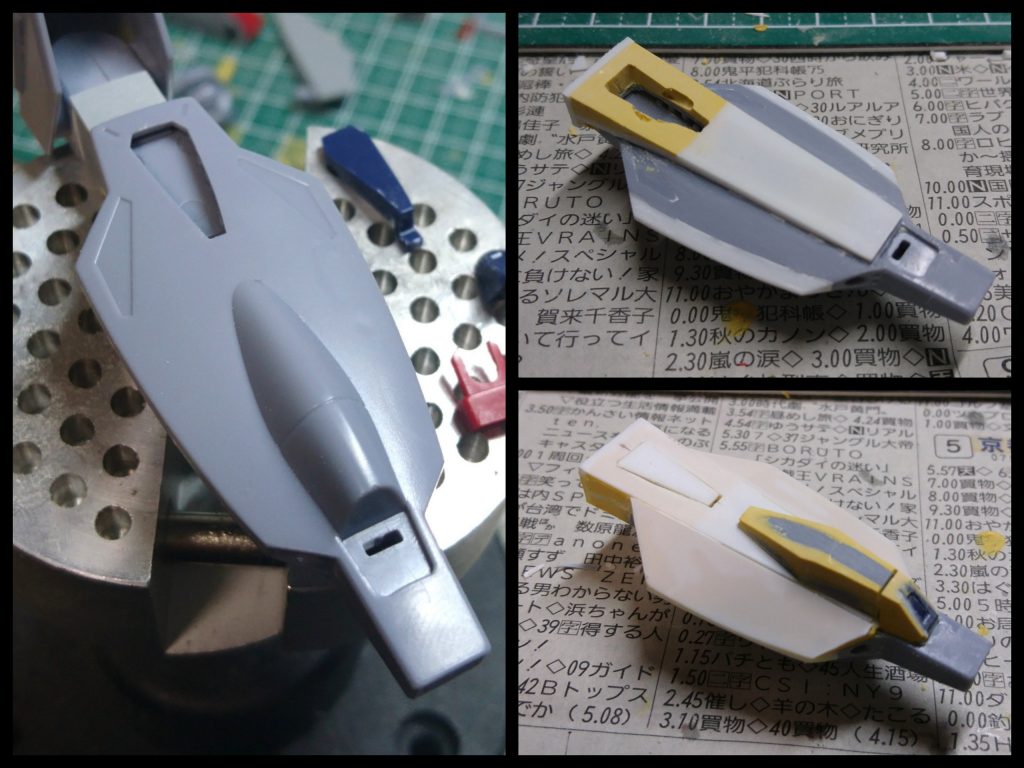 製作過程です
シールドもかなり薄く細かったので写真のように分厚く大型に加工しました。
またキットのままでは全体的に曲面が多かったので直面を増やすように加工を行いました。