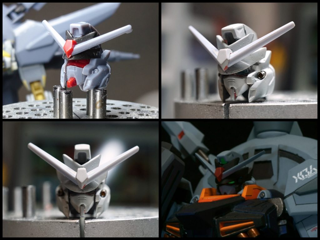 ヘッドです
あまり好みではない顔だったのでフェイスをくり抜き、Reviveインパルスのフェイスを移植し、気になる箇所を加工し仕上げました。またバルカン砲も開口しメタルパーツを仕込みました。