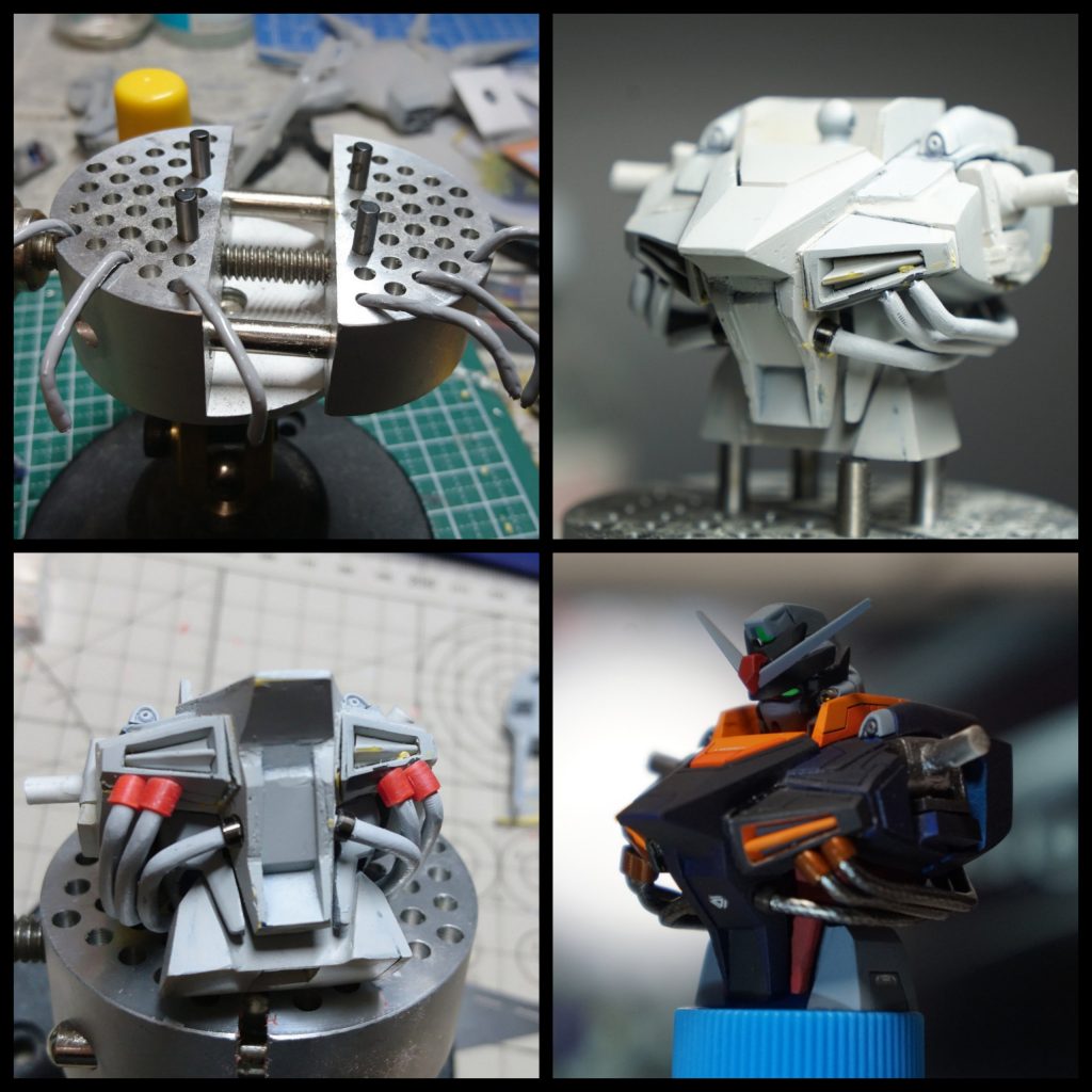 ボディです。
横幅をかなり伸ばしたり、突先の延長、襟の延長などを行っている為素組みと大きく印象が異なるかと思われます。
それに伴い動力チューブは取り付け不可能となった為アルミパイプとスプリングを主に用い自作しました。3次元の曲線を6本作ったので今回の製作で1番苦労した箇所となります。