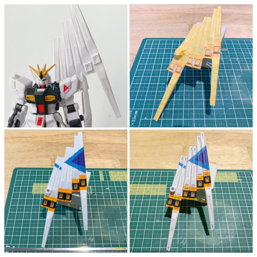 【製作工程・フィンファンネル前面】素体ではホワイト1色の1パーツという加工派泣かせなフィンファンネルは、マスキング地獄を乗り越えて段階的に塗装(白サフ→パールホワイト→ビビットオレンジ→NATOブラック)。塗装だけではパーツの境界が曖昧なので、スミ入れで屈折部分などを明確に表現しています。