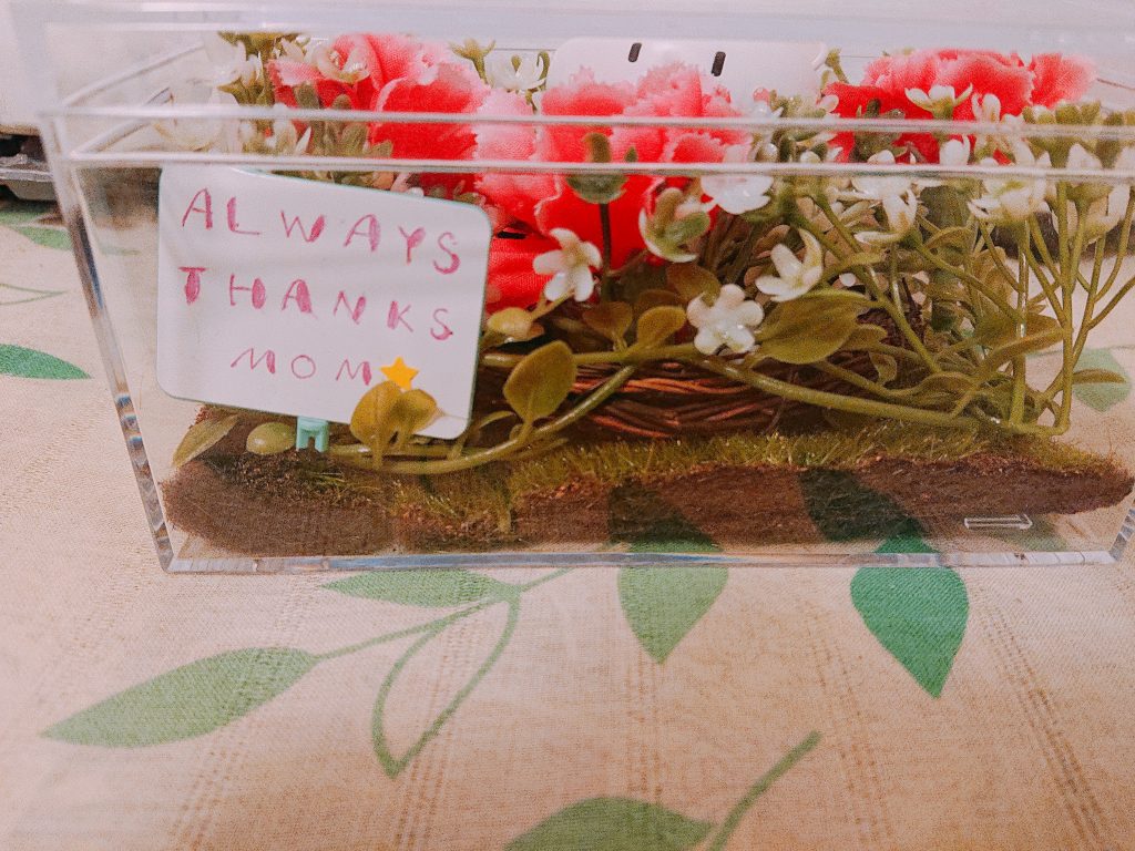 サイドと真正面から見た図です

プチッガイ付属のプラカードに手書きでメッセージを添えて看板っぽくしました