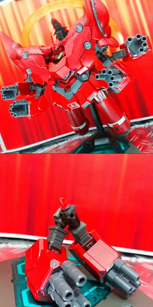 以前作ったネオジオングの時に作成した、四本腕用のジョイントが残っていたので、ユニコーンを捕縛した際に時に見せた四本腕も再現。
ただ可動範囲は狭いので、ガシャポン戦士ユニコーンがあっても掴むことは出来なさそう。(^^;