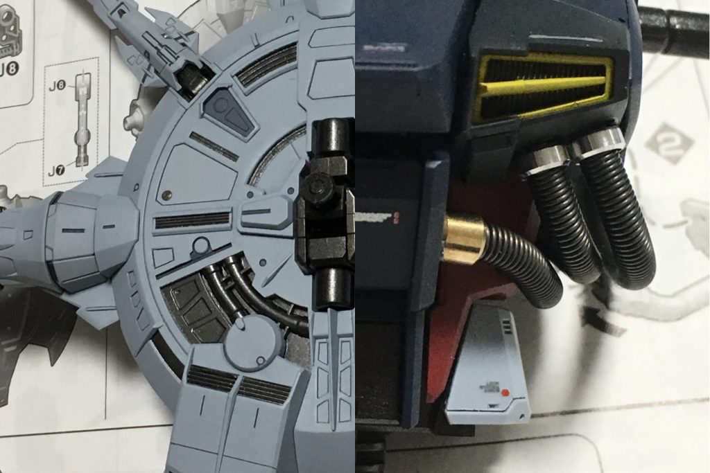 わかりやすい曲者その2
バックパック正面側
窪み箇所全てをアイアン色にするのであれば簡単なのですが、窪みの側面はグレーにしたかったので一苦労。
…あまりみえませんが(^^;
その3はパイピング。
メタルパイプ-スプリング-メタルパイプとなるように通しました。
私は割と強引な方法で通しましたが、ここは人によってやりようが色々あると思います。