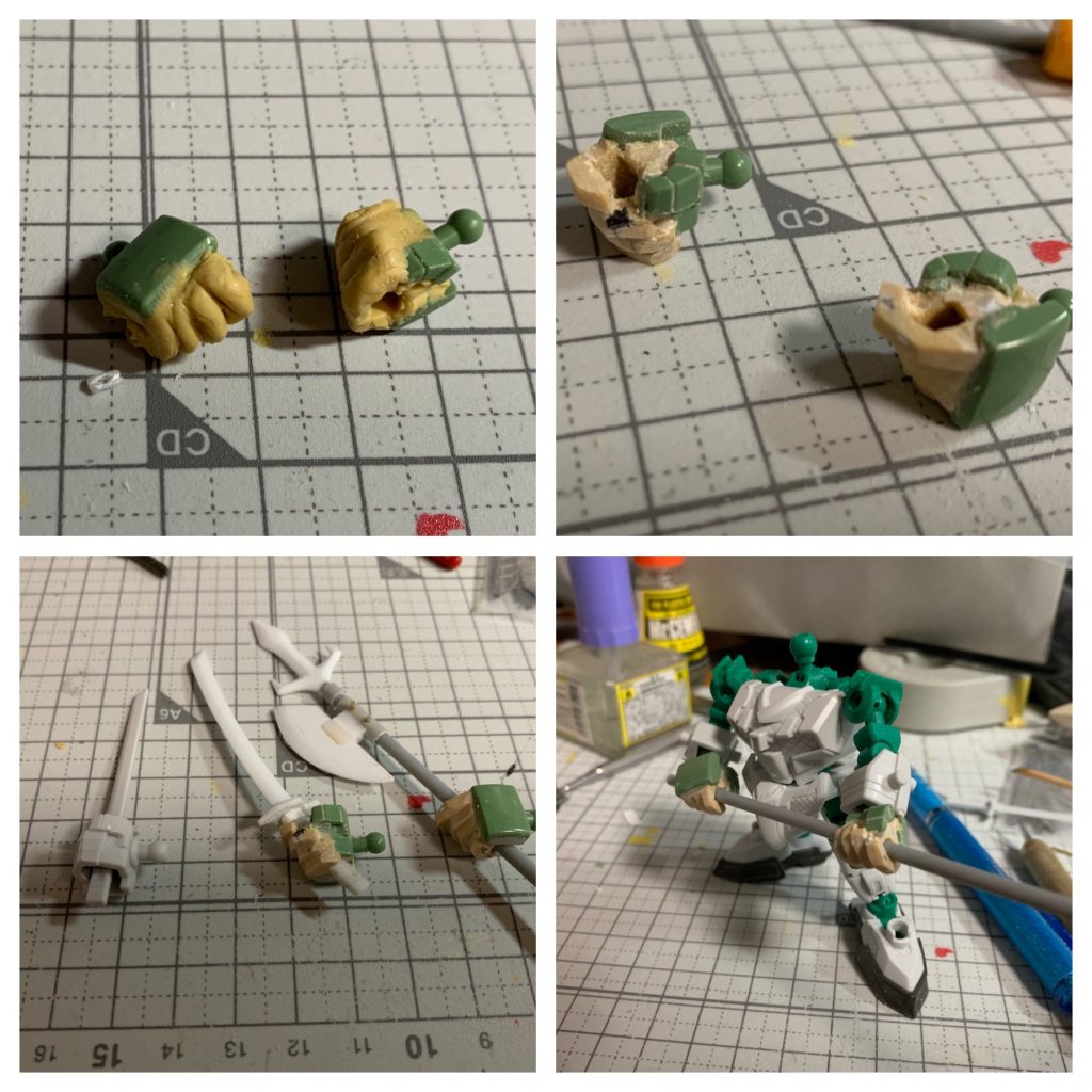 SDCSザクの拳をベースに刀と槍の持ち手をエポパテで作成。自然に槍を両手持ちしたり、切っ先を前に突き出すような刀の構えができるようになりました。