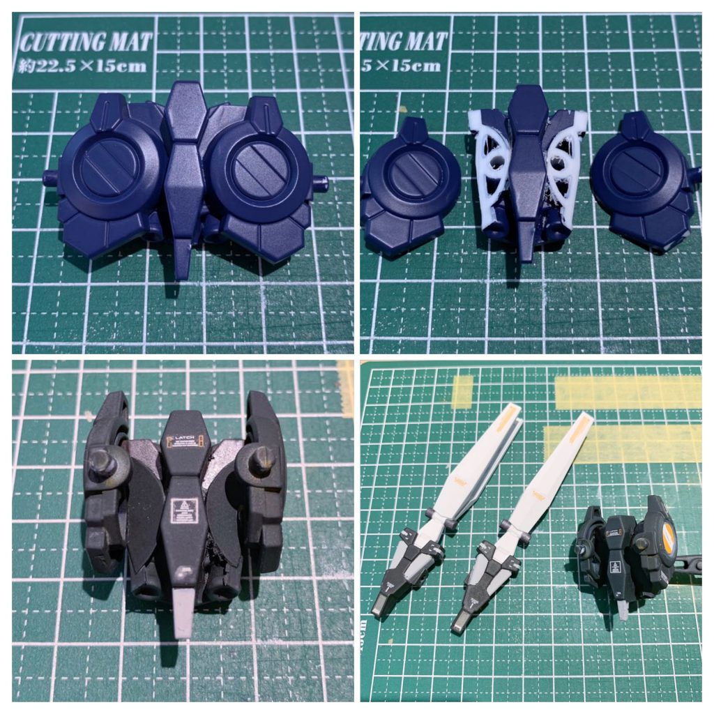 ナラティブのような幅が広く上部に突出したパッケージングは試作機といえど合理的ではないので、素体を切り貼りして組み直しています。シルヴァ・バレトもデルタカイも上向きに換装されていますが、AMBACユニットとして作用させることも考えると下向きに換装するほうが理にかなっているかなと。