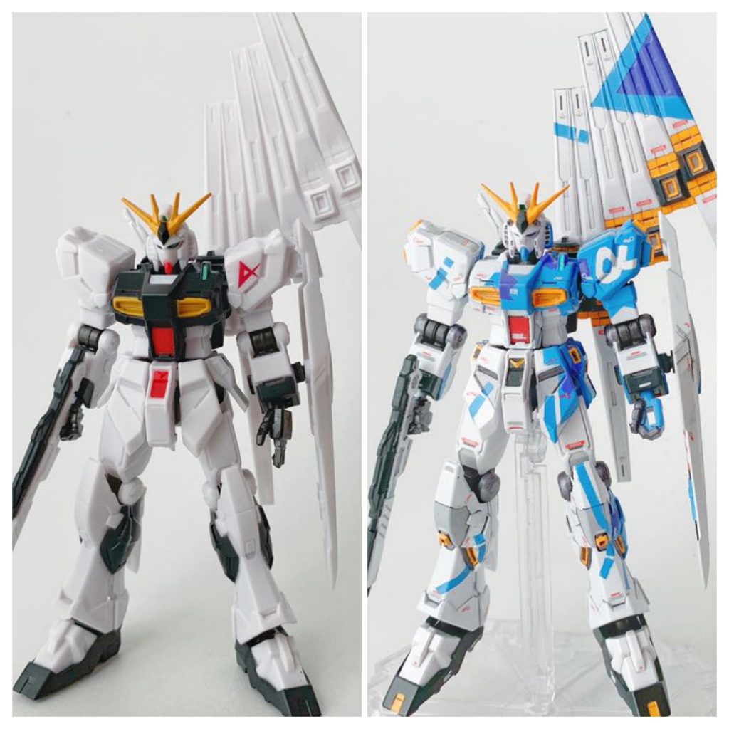 【Before & After・フロント】素体は固定フレーム・完成品は可動フレームを使用しているため少しプロポーションが異なります。スタンドを使用してスリッパを下に向けるだけで、一気にモデル体型になります。