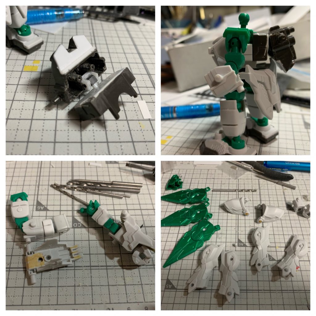 背中と一体化していたバックパックは切り離して、接続部に可動軸を設けました。これで腰が回せるようになりました。
NT-Dの前腕の延長パーツを作成し、籠手の取り付け位置も調整してます。
後は、使わないカスタマイズ用3mm穴&軸をふさいだり、切って丸めたり。
## 塗装工程