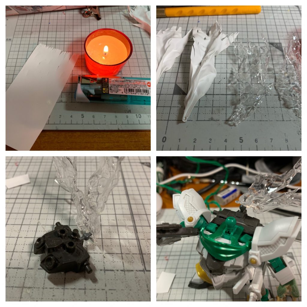 マフラーの作成。最初はプラペーパーを使おうとしたのですが、縮む透明プラ板の方がいい形が出せたのでこちらを採用しました。
イエローサブマリンの球体関節でバックパックに繋げています。球体関節のおかげで向きが自在に変えられます!