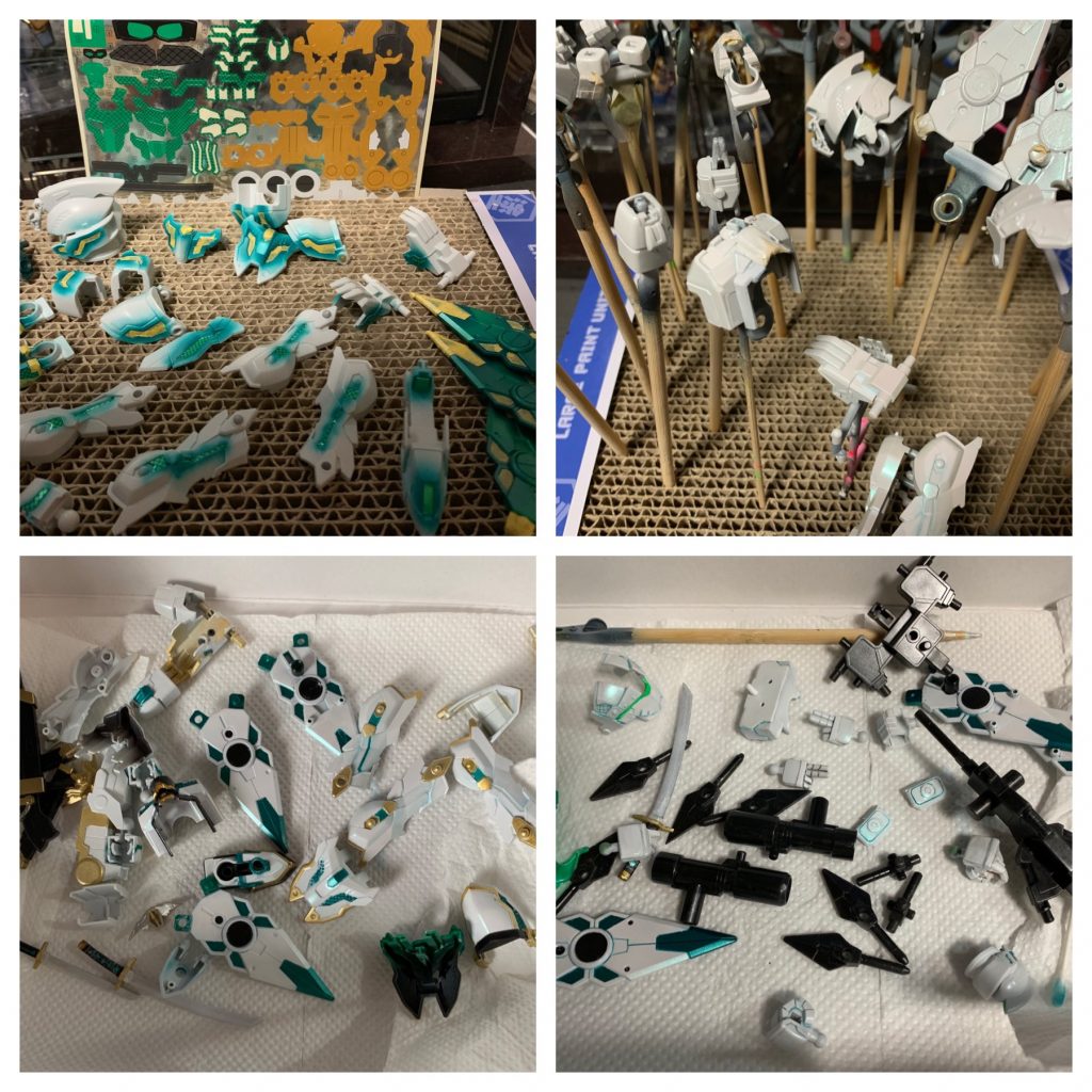 アクリジョンで全塗装しました。白部分は雲母堂本舗のVGパールエメラルドでパール塗装にも挑戦してみました。
マスキングがまじ辛い。しかも、網目状のモールドの隙間に白が入り込んで…😱
●主な使用カラー
白部分: ベースホワイト下地→ホワイト+明灰白色少量→光沢クリア+VGパールエメラルド
グリーン部分: メタリックグリーン+蛍光グリーン+メタリックブルー (2:1:1ぐらい)
ゴールド部分: シルバー下地→クリアーイエロー+ゴールド+クリアーレッド (4:1:0.1ぐらい)
ブラック部分: ブラック+シャインレッド+ホワイト (4:2:1ぐらいだったような…)
最後までご覧いただきありがとうございました!気に入ったら👍やコメントお願いすします🙇♂️