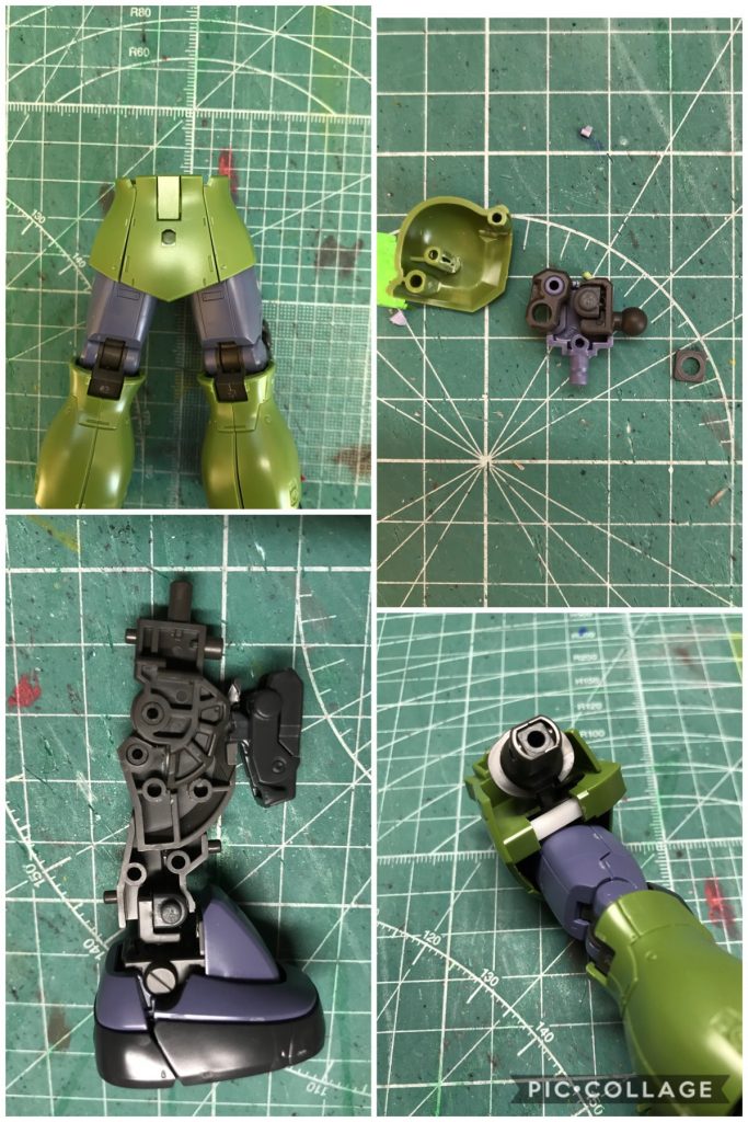 胴と腕が離れてるように感じたので、ポリキャップを切って、近くなるように。
ヒザ関節の干渉する部分を削って、ややS字立ちができるように。
股をハの字に開くと干渉するのでプラ角棒に代えました。