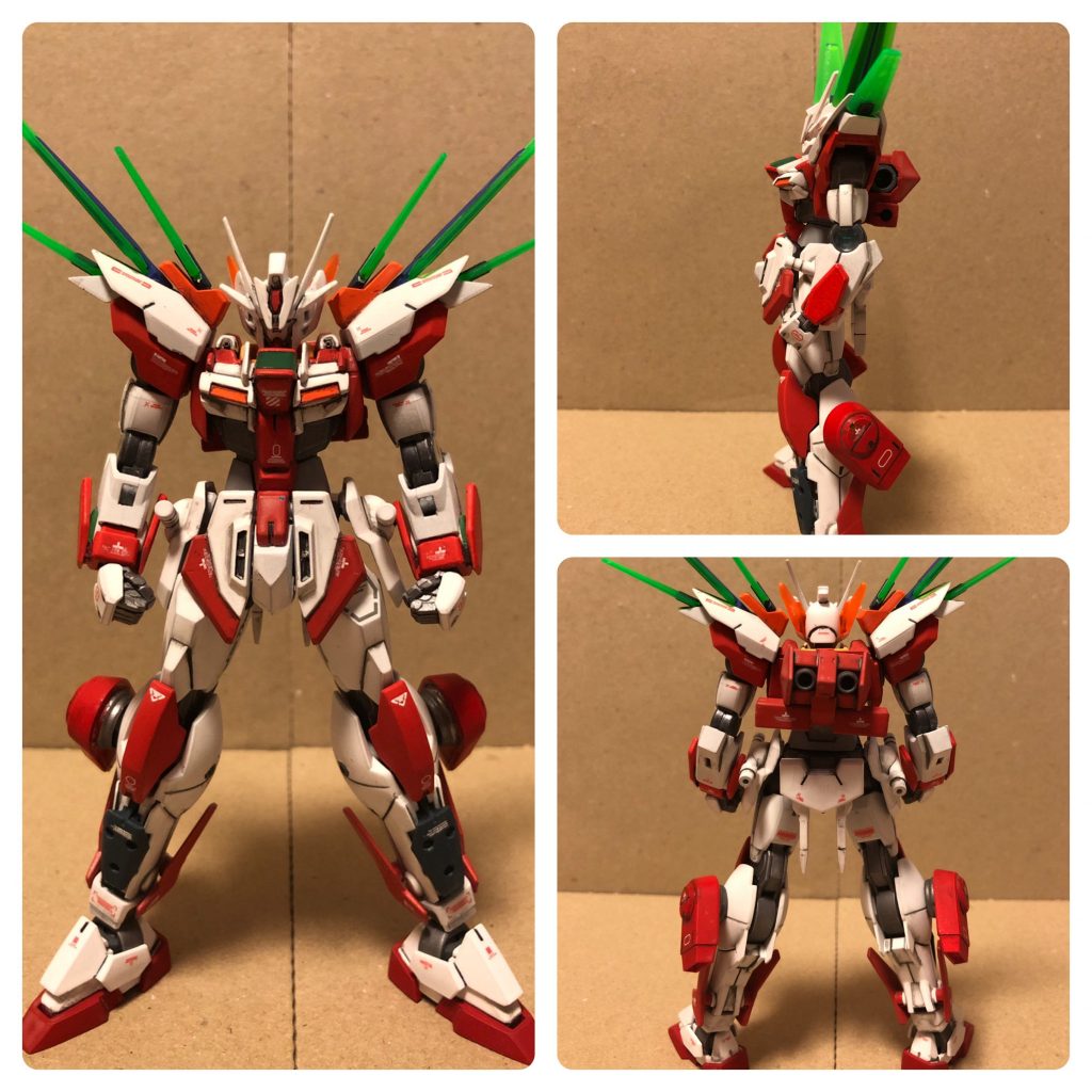 当機の基本素体。頭部ユニットはダブルオーダイバー→ダブルオースカイ→ウィングガンダム炎フェーダーと3タイプ製作したが、最終的に『フレイム=炎』の繋がりでウィングガンダム炎フェーダーのものに落ち着いた。機体各所にハードポイントが設けられており、さまざまなオプション装備を使用することができる。もちろん、この状態でも出撃可能なので、例えば「GNドライブ非搭載」のレギュレーションがあるミッションでも機体を交換することなく、同じ操縦感覚で機体を操作できるのが大きな特徴となっている。固定兵装としては、両肩のGNバルカン(GNドライブユニットを搭載していなくても、便宜上この名称を用いる。当然GNドライブユニットを搭載していなければ、機体スペックの向上などの恩恵はない。以下同様)、腰部両サイドに装備されたGNビームサーベル、腰部後ろに装備されたGNビームダガーのみであるが、多彩な手持ち兵装を準備しているので、更に攻撃の幅は広がる。