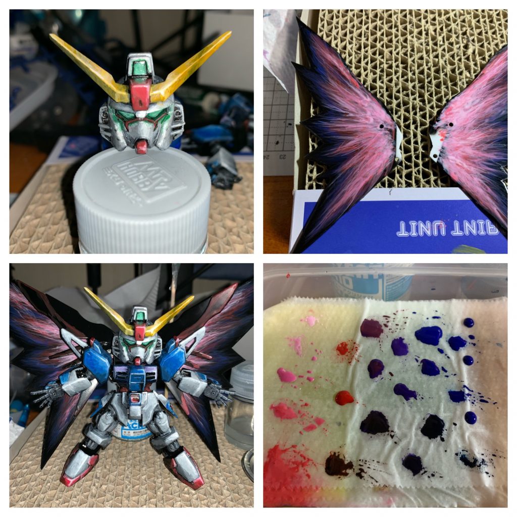 塗装2
カメラアイと光の翼の塗装。グラデーションの幅を広く取ったら、本体に付けた時にちっちゃ過ぎてしまい、この後明るい箇所をもっと広くしました。
初めからもうひと回り大きく作ればよかったな。
右下は光の翼塗装時のウォーターパレットです。
主に光沢の塗料で塗ったので、最後につや消しスプレーを吹きました。