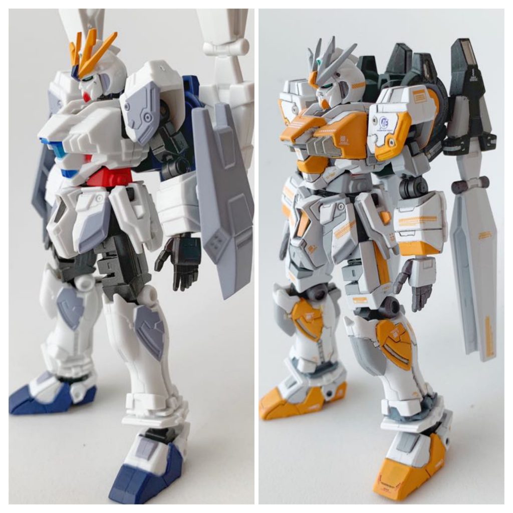 【Before & After】左斜め45度(機体本体)時代遅れの失敗作を近代化改修したというナラティブの設定ではなく、独自解釈μガンダムとして製作しているので、素体に付属していた小型シールドはオミット。