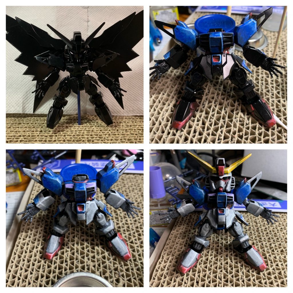 塗装1
一旦全部エアブラシ で全部黒にしてから、筆で塗っていきました。筆ムラ全開です。
塗料はアクリジョンを使ってます。