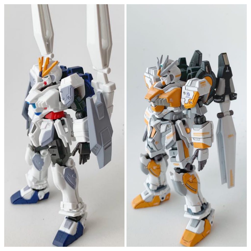 【Before & After】左斜め45度(有線式遠隔攻撃端末含む)マーキングは、ハイキューパーツ 1/144 RB01コーションデカール カラーオレンジを主に使用。一部、1/144 ユニコーン用ガンダムデカールも。