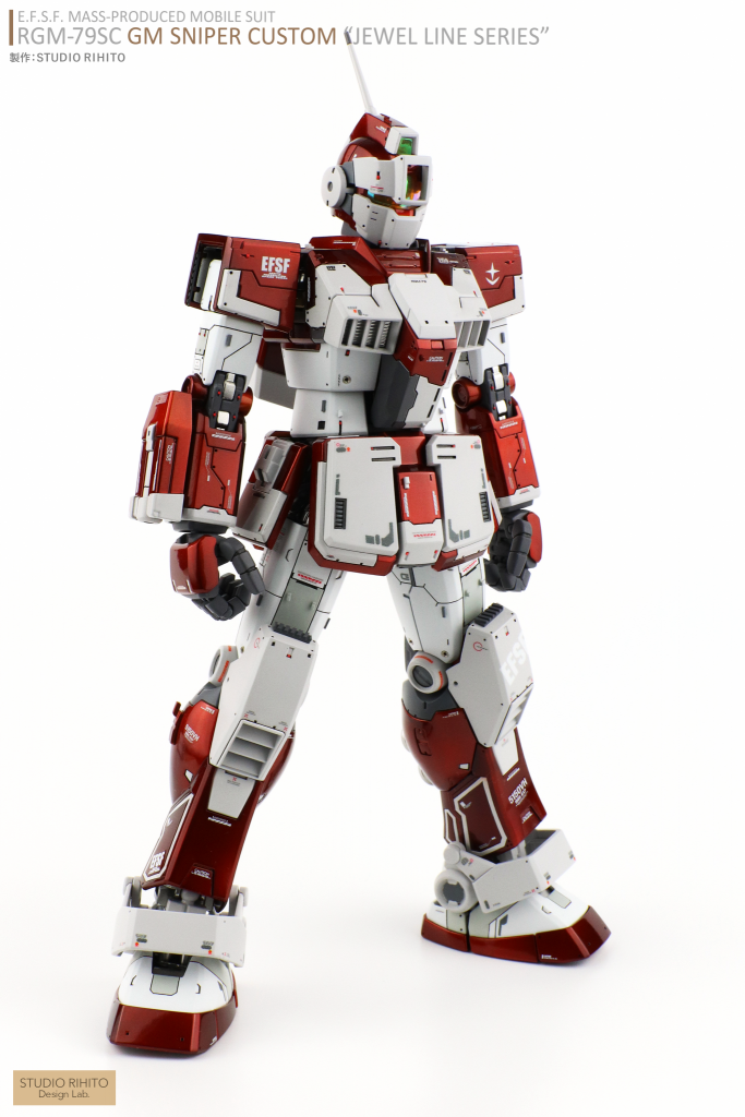 ■頭部（フロント）
・フェイスカバー：タガネでディテールを各所追加＆極小レッドチップインストール
・メインカメラ、サブカメラ：クリアパーツをポリッシング後、偏光フィルム仕上げ

■ボディ
・各所パネルライン追加
・メタルパーツ埋め込み
・稼働部は全て塗膜を考慮したクリアランス加工済み
・極小レッドチップインストール

■肩装甲
・上下分割パネルライン
・破損時に交換を想定した縁外装（マットホワイト）
・極小レッドチップインストール

■腕
・各所パネルライン追加
・極小レッドチップインストール
・二の腕から上腕まで続くラインデザイン

■ハンド
・全てタガネでディテールを彫り直し

■太もも（フロント）
・パネルライン追加
・プラ板ディテール追加
・メタルパーツ埋め込み

■膝
・タガネでラインを彫り直し＆修正
・極小レッドチップインストール
・プラ板で製作した波板状ディテール追加