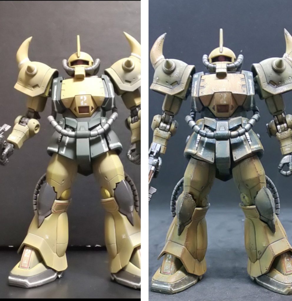 ガイアエヴォブラックサフからの黒立ち上げからのデザートイエローグラデ塗装 → before&after
スポンジチッピング+エナメルウォッシング+ウェザリングカラーペンタッチ+ファレホピグメント+タミヤのウェザリングマスターで汚し