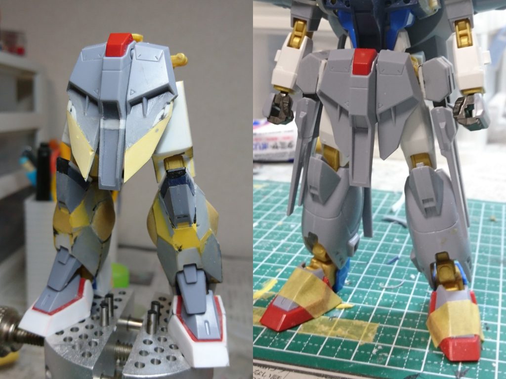 脚部です。
かなり細い印象で頼りない感じがしたので下半身は全体的に太く改修しました。