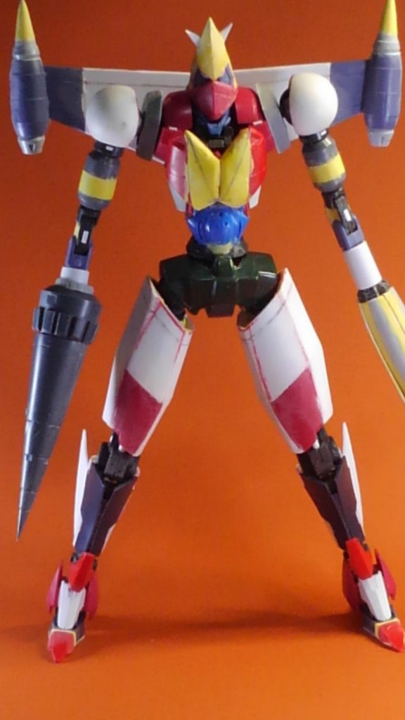 制作途中状態。頭部と胴は旧キットハンブラビを使用、胸部はリバウとシンマツナガザクのパーツ、腰部は旧キットギラドーガのものを使用しています。左腕はハセガワの1/72F15の増槽を分割して使用しています。