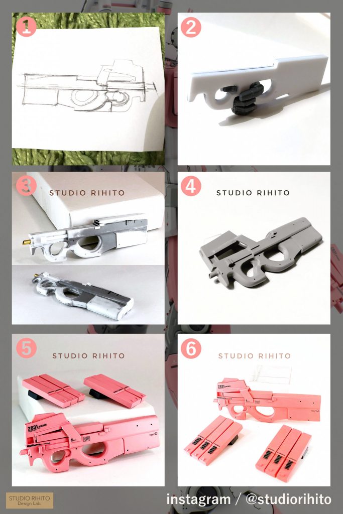 <Pちゃん(P90)のフルスクラッチ>ジムのサイズに合うPちゃんをタミヤプラ板でフルスクラッチしました。腰にぶら下げた予備マガジンも同じく製作しています。接続は全てネオジムによるワンタッチ機構。銃口は真鍮パイプを用いました。ちゃんと握って保持できるようになっています。(握り手にはネオジムは用いませんでした)