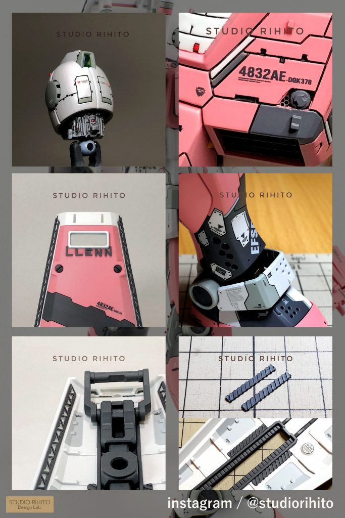 <製作工程ショット>■左上ネック裏はメカメカしさをプラ板や他のプラモの部品流用で表現しました。そのままではボディと干渉するため、またあご引きができるようネック自体もオフセットや延長の加工を施しています。■右上ボディパネルラインには一部冷却機構の露出で開口部を設けました。極小エッチングメッシュを用いてディテールを追加しています。■左中シールドにはプラ板で