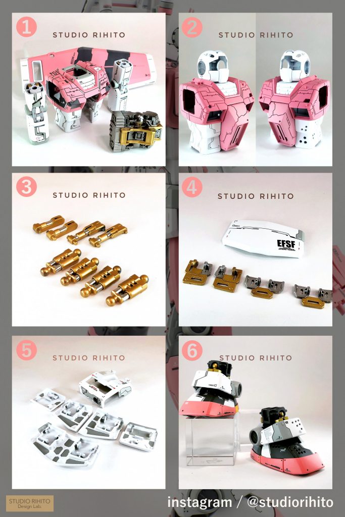 ■左上・内部フレームはメッキ調塗装×レッドゴールド+クリア塗装仕上げ■右上・左右アシメのパネルラインデザイン■左中・各部シリンダーは全てクロームフィルム仕上げ■右中・スカート裏面フレームはメッキ調塗装×レッドゴールド+クリア塗装仕上げ■左下・スカート裏面は丁寧に塗り分け■右下・足元はすそのパネルラインと連続性を持たせたデザインとしています。 細かなディテールアップを施しています。