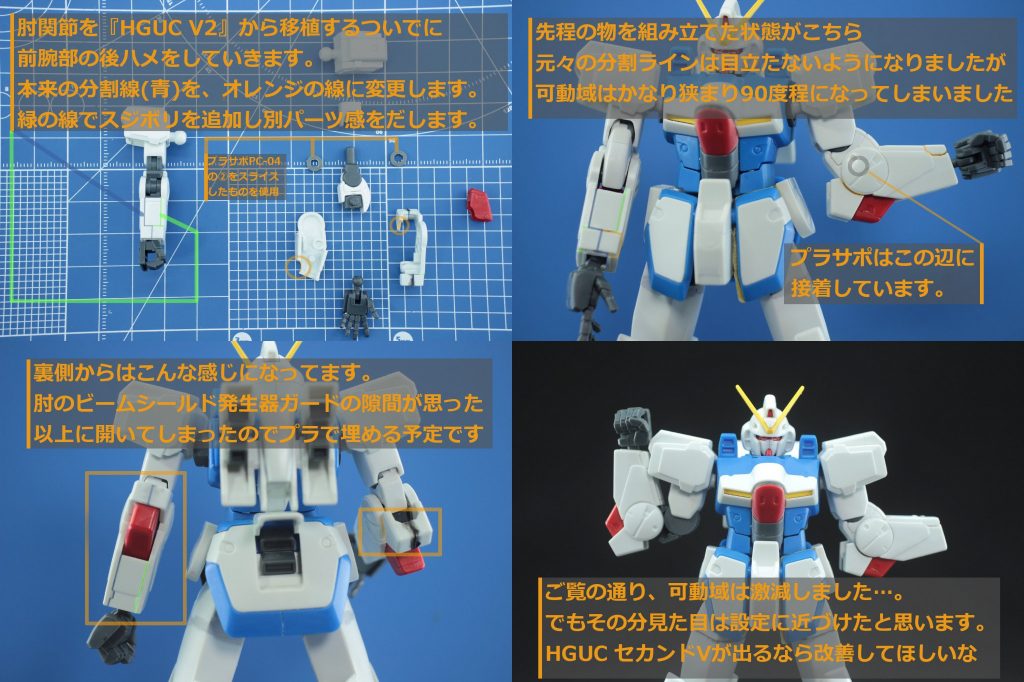 ## 肘の移植と後ハメ加工

肘は『HGUC V2ガンダム』から移植し、手は『HGBC ビルドハンズ』のSを使用。
軸隠しも追加しています。