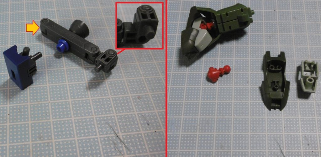 宇宙型バックパックの中央スラスターは、間にバトルアームアームズ＋ビルドブースター付属ジョイントを挟み込み。ジョイント凹部はバックパック側に接着し、一点による接続時の安定性を上げています。
左側はアムアムのヒンジパーツを３つ使いＬ字型に（Ｅｚ－ＡＲＭＳのミサイルを繋げる物）。

右側はＰＣ－１３２の２番に変更。軸穴を棒ヤスリで削って合わせています。やり方は前作『デッドインパルスＤ５』バックパックアームにてやった作業と同様。このＰＣを使う事で、ＡＣ用武装を装着可能になります。アムアムのままだと径が合いません。

足はグリモアレッドベレーのを使いますが、そのままでは径が合わないためアストレイの足首関節（ダブルボールジョイント＋ＰＣ）を移植。グリモアＲＢ側にはＰＣがややきつめでも、奥まで差し込めば無改造で使用可能。ただしダブルＢＪ式による接続なので、機体を重くし過ぎる（装備を積み過ぎる）と転倒リスクが上がります。