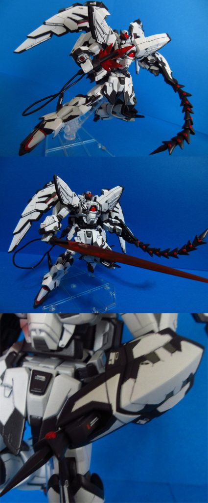 ビームソード
低出力と高出力の切り替えが可能。
低出力刃(紅葉)は機体イメージが決まってから作らなければ、と思い急いで作りました。レジンで作ろうとしましたが失敗が続いたので、仕方なくランナータグと透明プラバンで作りました・・・
シールド/ヒートロッド
ヒートロッドの先端だけ出した謎の収納形態を再現しました。
シールドはヒートロッド取り付け基部がポリキャップだったので、プラ棒とジャンクで置き換え。ヒートロッドは一度分割してからリード線を通して自由に曲げられるようにし、先端だけはスクラッチしました。