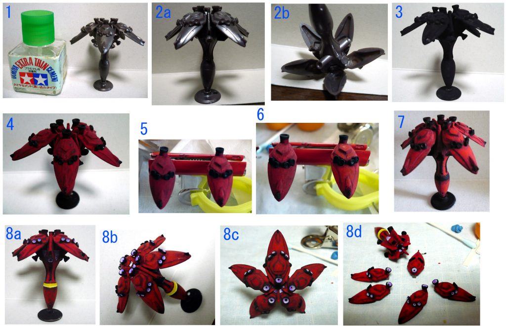 製作・塗装過程です。
1・素組み状態です。大きさ比較に接着剤の瓶を置いてみました。
2・パテで合わせ目を埋めました。完全ではありませんが。
  ラフレシアは全て対象のデザインだと思っておりましたが
  一部バーニアがパイプ状で横に繋がっていました。(2b画像)
3・いつもの様にアクリルガッシュの黒で下地塗装(筆塗り)しました。
4・赤部分をアクリルガッシュのカーマインで塗りました。
5・赤部分に一段階明るい色を塗りました。
  左が元の状態、右が重ね塗りした方になります。
  今回はリターダー(塗料の乾きを遅くする、ボカシ効果)を
  実験的に使ってみましたが…
6・更にもう一段階明るい赤を重ね塗りしました。(赤は3色目)
  多少…色の重なりを実感しますが
  リターダーの効果はイマイチ実感出来ませんでした。
7・赤部分の塗装、重ね塗りを終えた状態です。
  正直、この状態でも良かったような気がします。完成した今では。
8・バーニア内の紫、黄色のライン部分を塗りました。
  この後の段階の画像は塗り作業に没頭して忘れてしまいました…
  羽根(部分?)はバラした状態で塗装を進めました。
最後までご覧いただきありがとうございました。