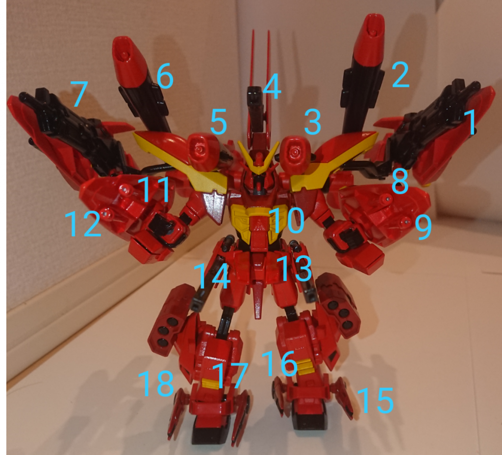 一斉射撃ドーン!
ビーム砲とレールガンどれくらいあるん
ですかねぇ数えて見ましょう。
シールドの中?にあるやつはビームサーベル兼ビームライフルって事にしてください。(Zガンダムにビームライフル兼ビームサーベル的なの多いじゃないですか許してください。)
腰の部分はちょっと見づらいんですがジェガンブラストマスターの腰のやつがついてます。(ここではまだレールガンは数えていません)