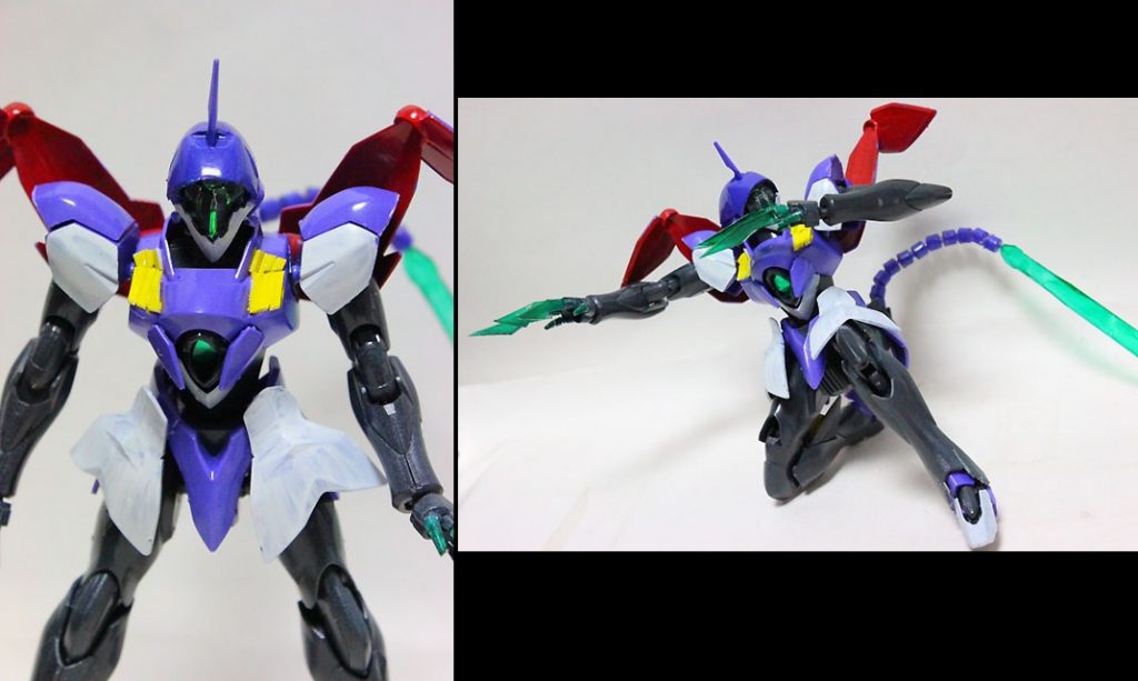 バストアップと可動範囲。
頭部はなんと、カラミティガンダムの肩アーマーを切り貼りしてます(笑)。
胸のダクトはプラ板ですが、雑すぎてアレなのであまり見ないでね('∀`)