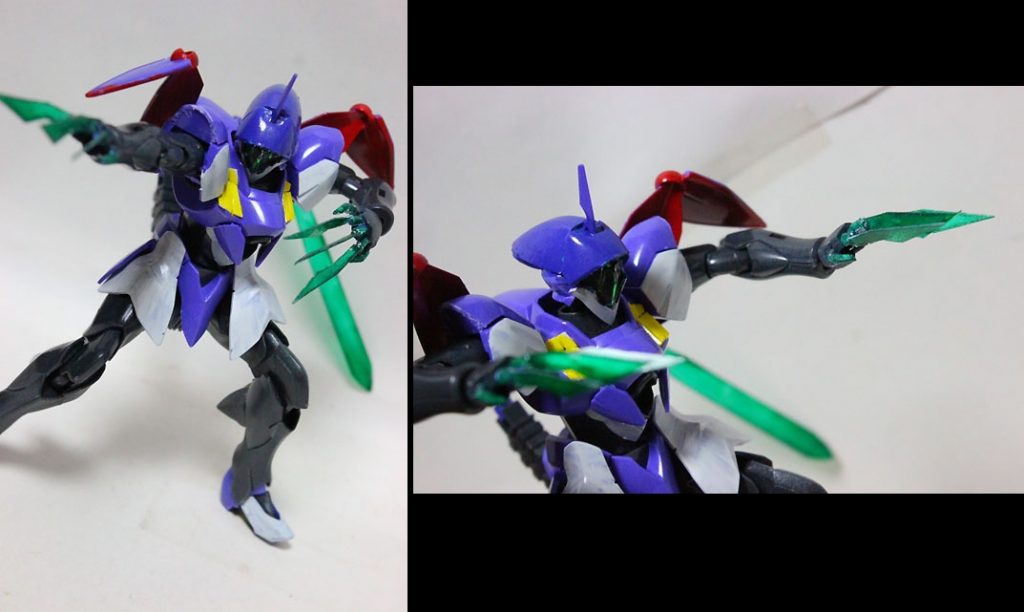 主兵装は両手のクローで、真ん中の三本の指は、鋭いナイフ状になっています。
本当はサバイバルナイフのようなモールドがあるのですが、クリアプラ板を切り取って接着しただけのやっつけ仕様です。(;´▽`)
黄緑色に発光したりと、明らかにシグルブレイドとの関連性を感じさせる武器で、小説版では、ヴェイガンと内通していたテクノソロン社から技術流出したという設定になっているとか?