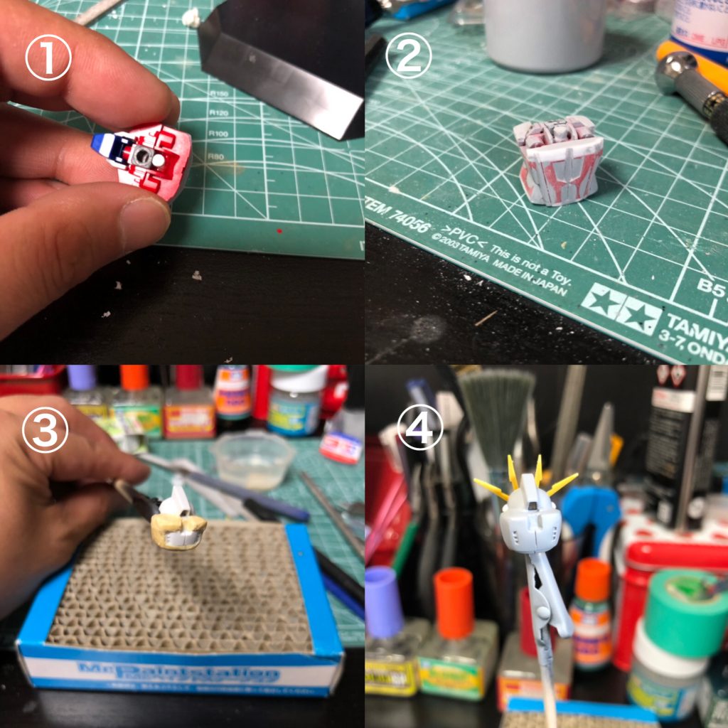 細かいことは沢山してるので、代表的なとこだけ。 ①胸部可動を半分殺しました。背負ってるものが重いので自立しなかったから。 ②胴の延長。B装備でもやってますが、 C装備は個人的にはスタイルか悪く見えるので腹部の上下1ミリづつ。胸部可動が少し前かがみなので背中に隙間がてきる。 背中は2ミリ延長して隙間がなくなるように。 ③、④フリーダムの後頭部をナラティブの後頭部にパテで移植。