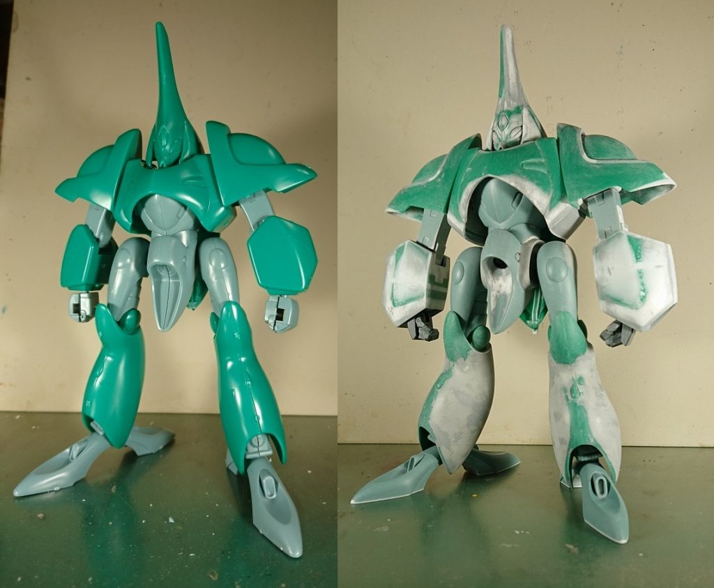 放置してリフレッシュした結果思い切った工作が出来て上手く行きました。
素組みと工作完了状態の比較です。