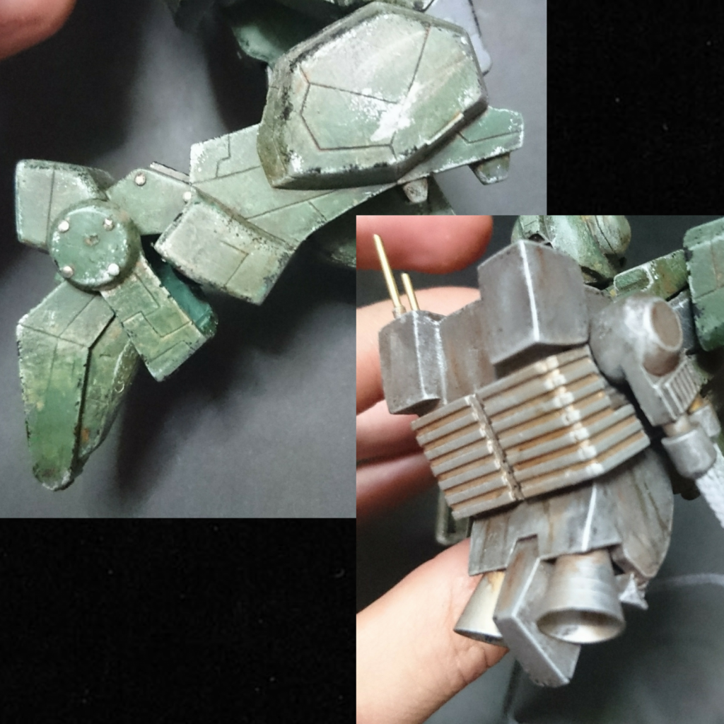 足を曲げるために膝を細くしたら関節がぷらんぷらんに。アンクルガード？は分割しています。バックパックはスクラッチしてみました。