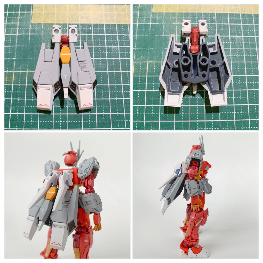 【製作工程3 スカート型スラスター】バックパック・小型シールドを切り貼りして、G-アルケインのスカート型スラスターっぽく整形。固定フレームの腕部を切り貼りして接続アームを自作し、バックパック接続部から懸架できるようにしました。需要はないかと思いますが、一応接続アームの作り方を置いておきます。(接続アーム)①固定フレームの腕部をひじの下で切断②固定フレームの肩部接続軸を切断し、1で切断した前腕部のハンドパーツ接続部凹に接着③1で切断した腕部の残り(上腕)を、バックパック接続部に組み込んだ1の間に収まるよう切削し、2で接着した軸と接続④3までで懸架用の接続アームが出来上がるので、バックパックと小型シールドを組み合わせたものと接続(こちらも可動軸を仕込みたかったものの、今回は技量と材料不足により断念)