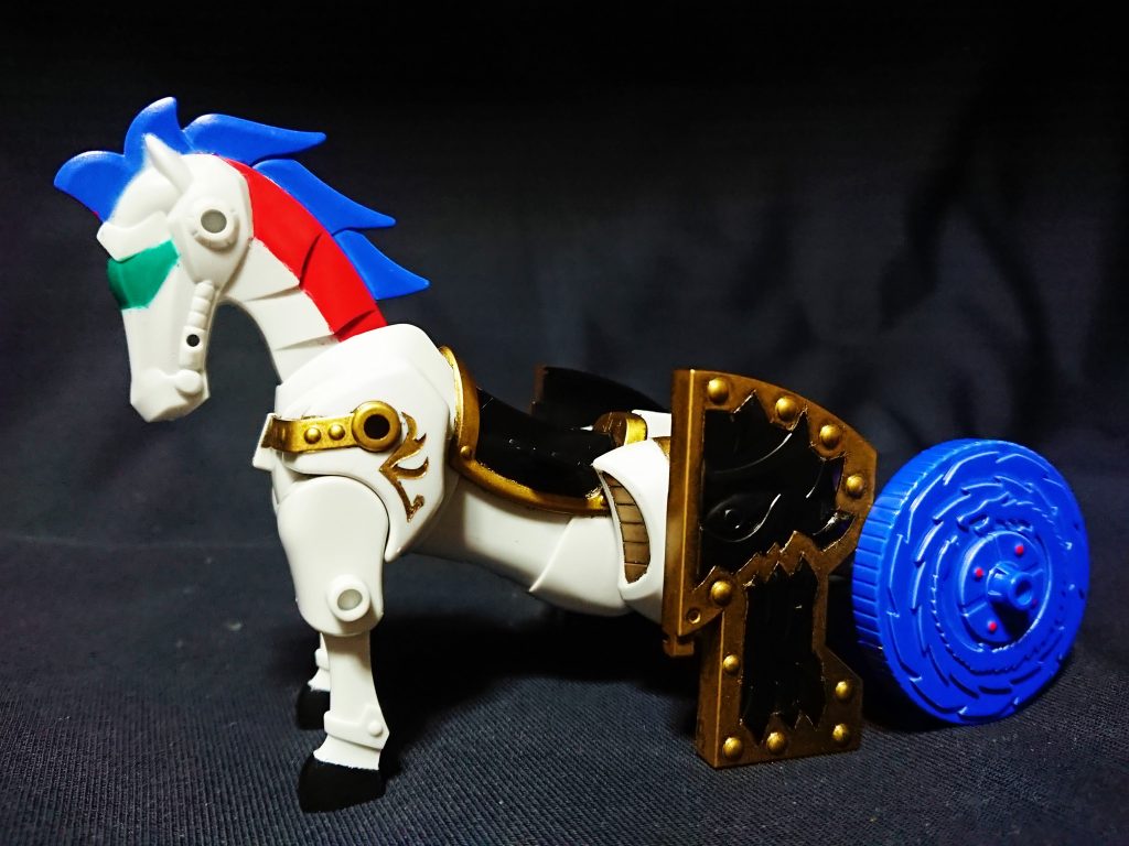 ハーキュリーは流星馬と四神鬼甲戦車のパーツで再現しました。
もちろん戦車部分は騎乗可能です。
もとはゼウスのみ制作予定でしたが、ゼウスは馬も含めてゼウスだろということで、劉備や呂布、趙雲等の戦馬のようにオリジナル馬として制作しました。