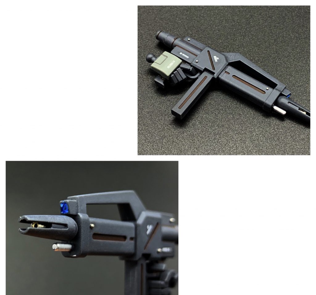 武器はシンプルだったのでメタルパーツを多めに。銃口にはメタルピンを連結させて見える範囲までもってきました。