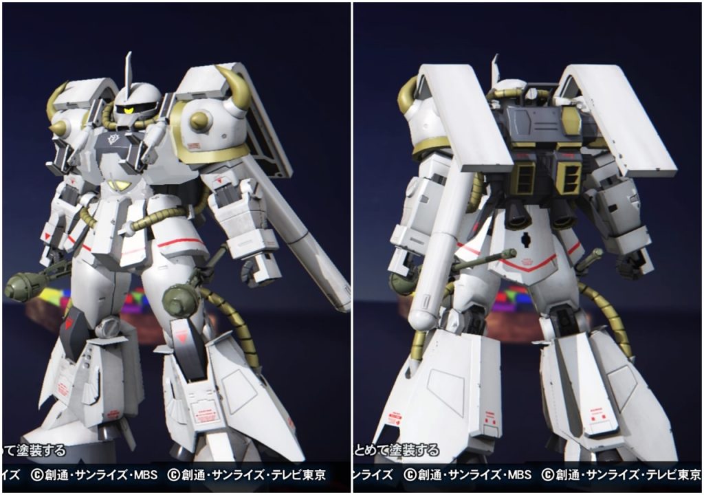 なんかよくわからんけどグフカスタムを受領して活躍し,一年戦争終盤,戦いの場を宇宙に移した際に乗り換えればいいものを,どこからか手に入れたR2ザクの脚(と背中)をくっつけてまでグフカスタムに乗り続けました.
これは過去ガンダムブレイカー3で作った時の画像です.実際に形にするにあたってとても参考になりました.4まだ出ないんですかね,もう3年経つんですが.