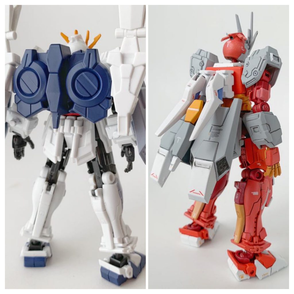 【Before & After】本体塗装は、G-アルケインを参考にタミヤカラー スプレーカラー TS-56(ブリリアントオレンジ)、同じくTS-31(ブライトオレンジ)を配色。脛の内側だけGSIクレオス Mr.カラースプレー S-81 赤2号(あずき色)を使用。グレーとホワイトの部分は、タミヤ ファインサーフェイサーL ライトグレイとホワイトそのままです。胸部フィンなどはエナメル塗料で筆塗り。デカールは、ハイキューパーツ 1/144 RB01コーションデカール カラーホワイトを使用。最後はGSIクレオス Mr.トップコート 水性プレミアムトップコート つや消しで仕上げました。