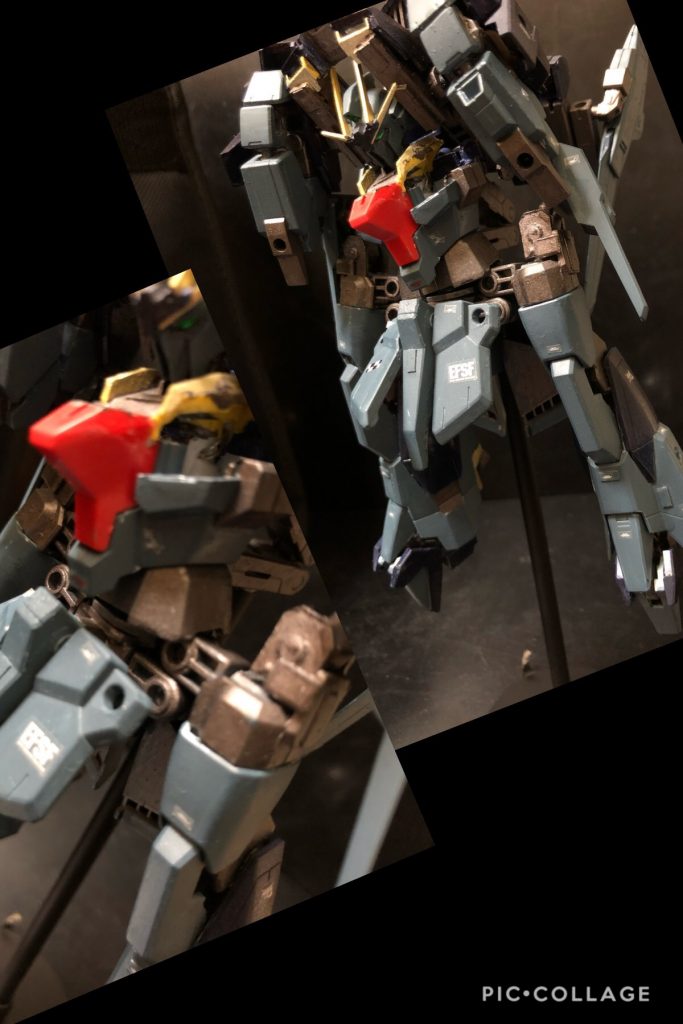 ⑤ サイドアーマーの移動
意外にもこうゆうトコの改造が悩むんですよね〜。ココをどう処理するか。
可変だけ考えると、脚を動かした時に不自然な感じになるので。
今回は、デルタガンダム風に処理しました。
MS時も可変後もイイ感じ!!
ここまでで本体の変形は完了です。