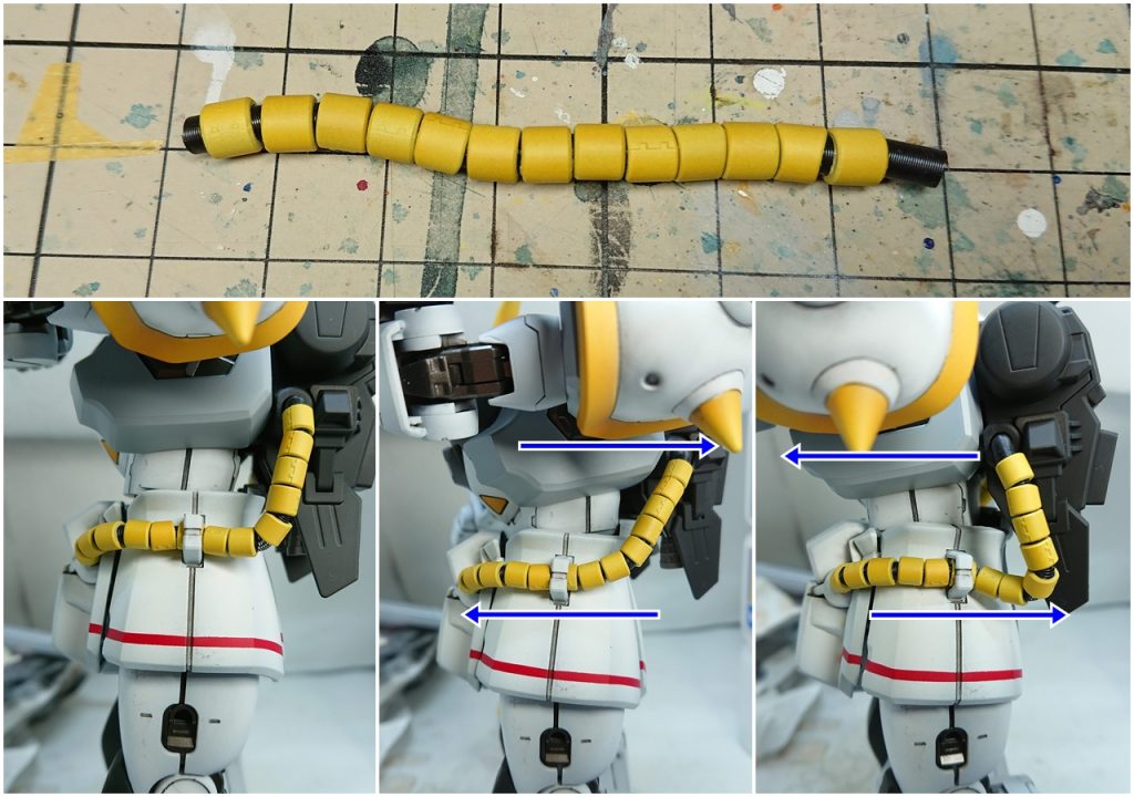 そしてR2ザクのパイプにHiQパーツのスプリングを通します.それを前の画像のパイプの芯(だった軟質樹脂)に差し込む!これで腰を左右にひねってもちゃんと追従してくれます!
赤ラインは全体の白を塗装後,3㎜幅で切ったマステをアーマー下端ぴったりに貼って,そこから約1.5㎜隙間を空けてマステ貼って赤塗りました.