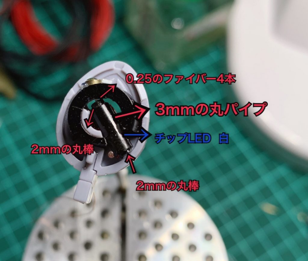 今回、モノアイ内部はチップLEDを使用。
軸の中に光ファイバーを仕込み、光源を4つに分割しました。